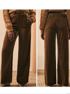 NWOT Faherty Stretch Silk Velvet Genevieve Pant Sz M Pull On Wide Leg in Breen